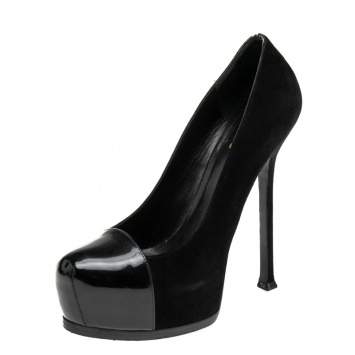 Pre Owned Saint Laurent Black Suede and Patent Leather Tribtoo Platform Pumps Size 38.5