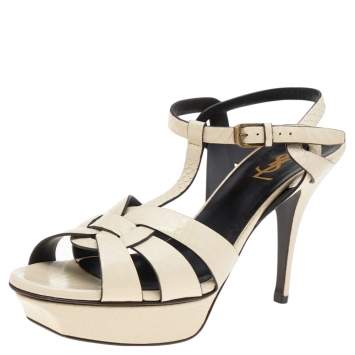 Pre Owned Saint Laurent Cream Snakeskin Embossed Leather Tribute Platform Ankle Strap Sandals Size 40.5