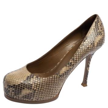 Pre Owned Saint Laurent Beige/Black Python Leather Tribtoo Platform Pumps Size 39