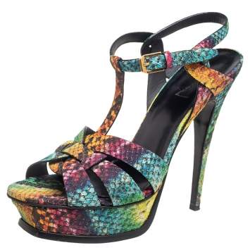 Pre Owned Saint Laurent Multicolor Rainbow Python Embossed Leather Tribute Platform Ankle Strap Sandals Size 39
