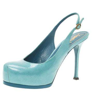 Pre Owned Saint Laurent Paris Light Blue Patent Tribtoo Slingback Sandals Size 38.5