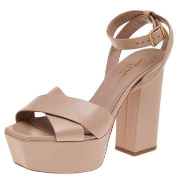 Pre Owned Saint Laurent Beige Leather Farrah Criss Cross Platform Ankle Strap Sandals Size 36