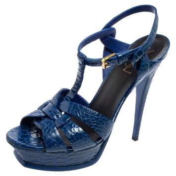 Pre Owned Saint Laurent Blue Croc Embossed Leather Tribute Platform Sandals Size 40
