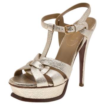 Pre Owned Saint Laurent Gold Leather Tribute Platform Sandals Size 35.5