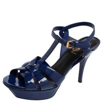 Pre Owned Saint Laurent Blue Patent Leather Tribute Platform Sandals Size 37.5