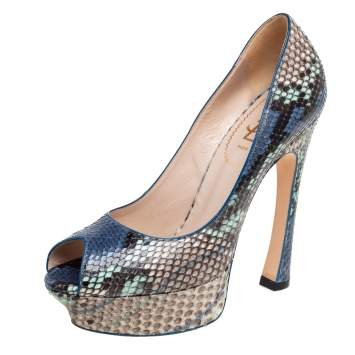 Pre Owned Saint Laurent  Blue/Beige Python Leather Peep Toe Platform Pumps Size 38