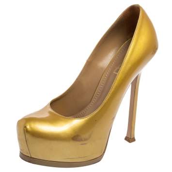 Saint Laurent Gold Patent Leather Tribtoo Platform Pumps Size 37.5