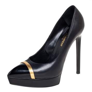 Pre Owned Saint Laurent Black Leather Janis Gold Trimmed Cap-Toe Platform Pumps Size 37