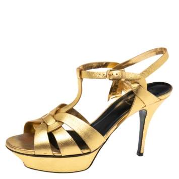 مملوكة مسبقًا Saint Laurent Gold  Leather Tribute Sandals Size 39.5