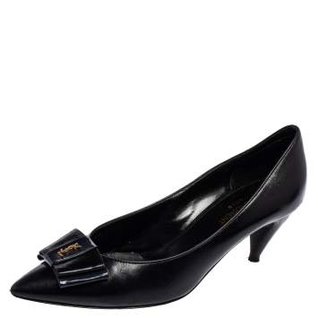 Pre Owned Saint Laurent Black Leather Bow Pointed Toe Pumps Size 38