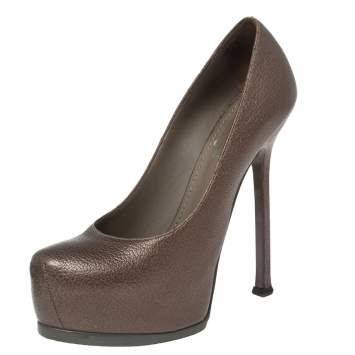 Pre Owned Saint Laurent Brown Leather Tribtoo Platform Pumps Size 36.5