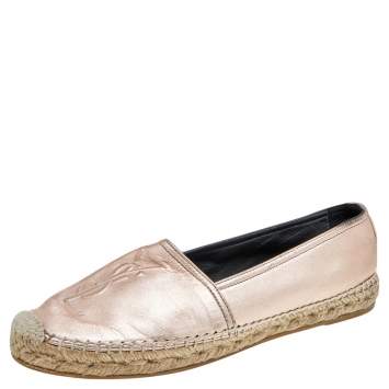 Pre Owned Saint Laurent Metallic Rose Gold Leather Logo Espadrille Flats Size 39