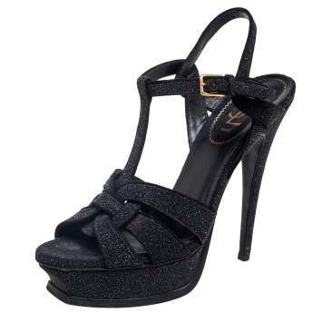 Pre Owned Saint Laurent Black Suede and Quartz Glitter Tribute Platform Sandals Size 39