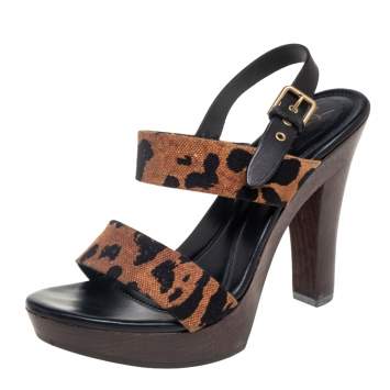 Pre Owned Saint Laurent Brown/Black Leopard Print Canvas Platform Sandals Size 38