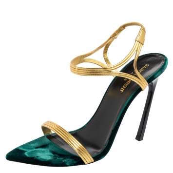 Pre Owned Saint Laurent Gold Leather Talitha Ankle-Strap Sandals Size 39