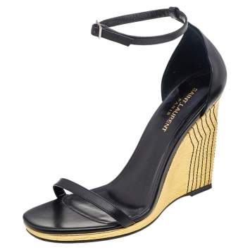 Pre Owned Saint Laurent Black Leather Ankle Strap Wedge Sandals Size 40