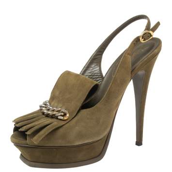 Pre Owned Saint Laurent Olive Green Suede Fringe Chain Detail Platform Slingback Sandals Size 40