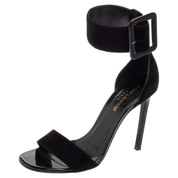 Pre Owned Saint Laurent Black Suede Ankle Cuff Open Toe Sandals Size 38