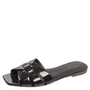 Pre Owned Saint Laurent Black Patent Leather Tribute Flat Slides Size 38
