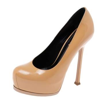 Pre Owned Saint Laurent Beige Patent Leather Tribtoo Platform Pumps Size 37.5