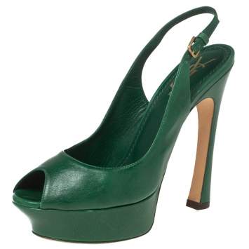 Pre Owned Saint Laurent Green Leather Peep Toe Platform Slingback Sandals Size 38.5