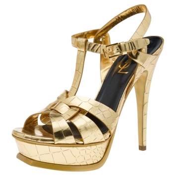 Pre Owned Saint Laurent Metallic Gold Croc Embossed Leather Tribute Platform Sandals Size 36.5
