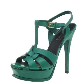 Pre Owned Saint Laurent Green Leather Tribute Platform Sandals Size 36