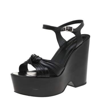 Pre Owned Saint Laurent Black Leather Candy Knotted Wedge Platform Sandals Size 40