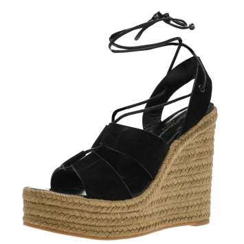 Pre Owned Saint Laurent Black Suede Wedge Platform Ankle Wrap Sandals Size 41