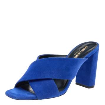 Pre Owned Saint Laurent Blue Suede Lou Lou Crisscross Slide Sandals Size 38