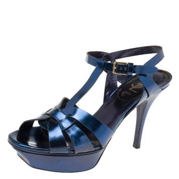 Pre Owned Saint Laurent Navy Blue Leather Tribute Platform Sandals Size 38.5