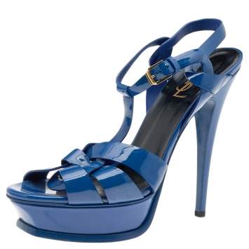 Pre Owned Saint Laurent Blue Patent Leather Tribute Platform Sandals Size 39