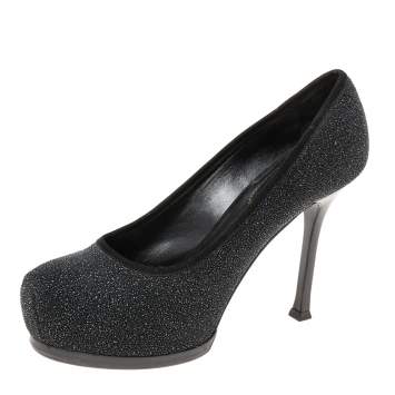 Pre Owned Saint Laurent Black Glitter and Suede Trim Tribtoo Pumps Size 36