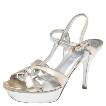 Pre Owned Saint Lauren Metallic Silver/Gold Leather Tribute Sandals Size 38.5