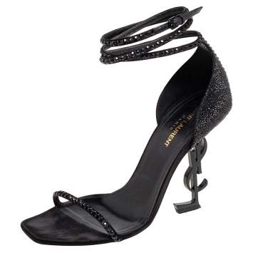 Pre Owned Saint Laurent Black Satin and Crystals Opyum Ankle-Wrap Sandals Size 40