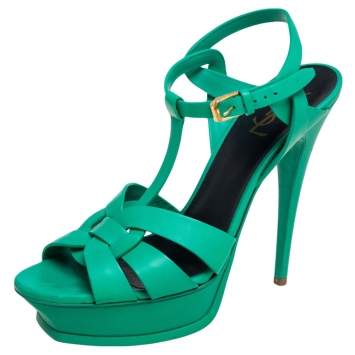 Pre Owned Saint Laurent Green Leather Tribute Platform Ankle Strap Sandals Size 41