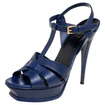 Pre Owned Saint Laurent Blue Leather Tribute Sandals Size 40.5