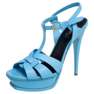 Pre Owned Saint Laurent Blue Leather Tribute Sandals Size 40.5