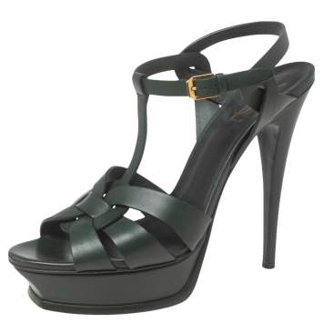 Pre Owned Saint Laurent Green Leather Tribute Platform Ankle Strap Sandals Size 41