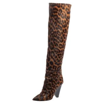 Pre Owned Saint Laurent Tan/Black Animal Print Calf Hair Pointed-Toe Over The Knee Boots Size 37