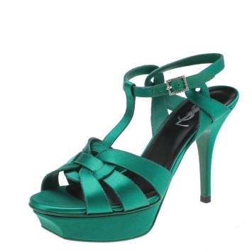 Pre Owned Saint Laurent Green Satin Tribute Platform Sandals Size 37.5