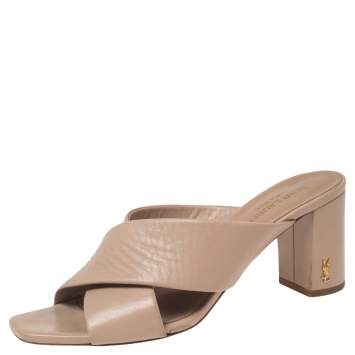 Pre Owned Saint Laurent Beige Leather LouLou Criss Cross Slide Sandals Size 38
