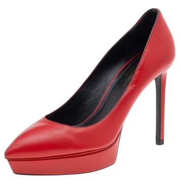 Pre Owned Saint Laurent Red Leather Janis Pointed Toe Platform Pumps Size 37