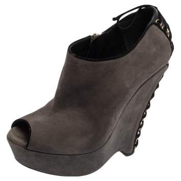 Pre Owned Saint Laurent Grey Suede  Wedge Peep Toe Booties Size 38