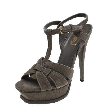 Pre Owned Saint Laurent Black Glitter Tribute Platform Ankle Strap Sandals Size 37