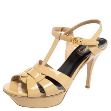 Pre Owned Saint Laurent Beige Patent Leather Tribute Sandals Size 39