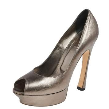 Pre Owned  Saint Laurent Paris Metallic Bronze Leather Palais Platform Peep Toe Pumps Size 40