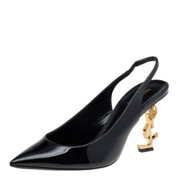 Pre Owned Saint Laurent Black Patent Leather Opyum Slingback Sandals Size 37