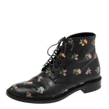 Pre Owned Saint Laurent Black Leather Flower Print Ankle Boots Size 38