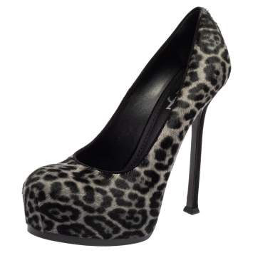 Pre Owned Saint Laurent Grey/Black Leopard Print Calf Hair Tribtoo Pumps Size 38